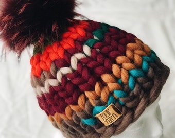 Chunky Knit Hat Pom Pom, Womens Multi Color Hat, Fair Isle Knit Hat