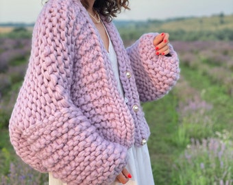 Balloon Sleeve Crop Lavender Chunky Cardigan, V-neck Chunky Sweater with Buttons , Oversized Bomber