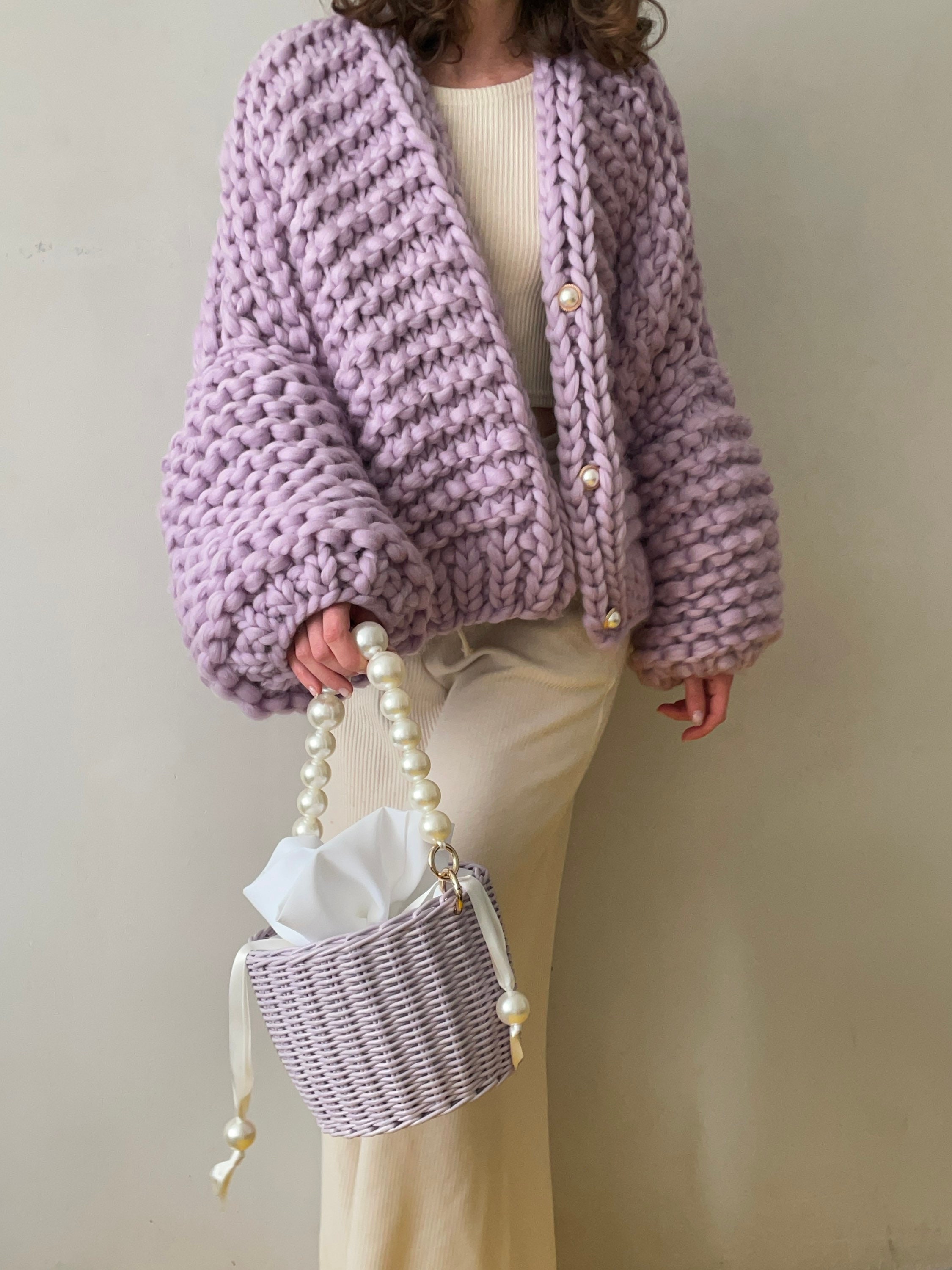 Balloon Sleeve Crop Lavender Chunky Cardigan, V-neck Chunky