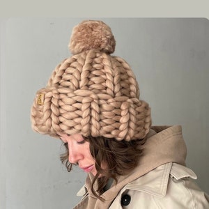 Women Chunky Knit Beanie Pom Pom Hat Wool Winter Knit Hat image 1