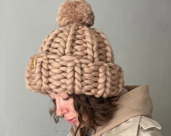 Women Chunky Knit Beanie Pom Pom Hat,, Wool Winter Knit Hat