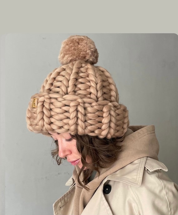 Women Chunky Knit Beanie Pom Pom Hat,, Wool Winter Knit Hat