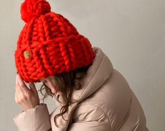 Hand Knit Beanie, Winter Wool Red Hat, Chunky Hat