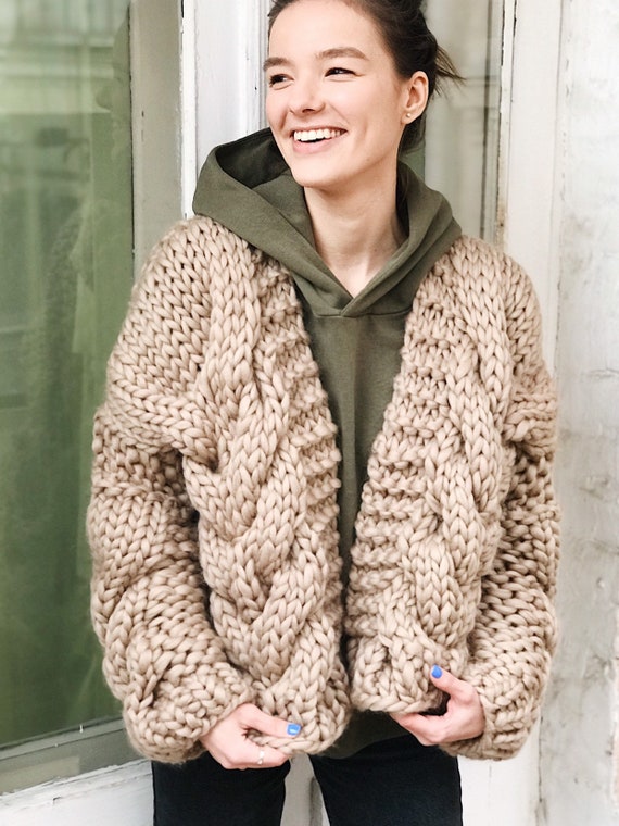 Cable Knit Chunky Cardigan Beige, Oversized Hand Knit Cozy Sweater -   Canada