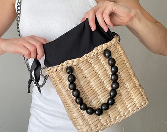 Woven Mini Straw Tote Crossbody Bag Purse Black