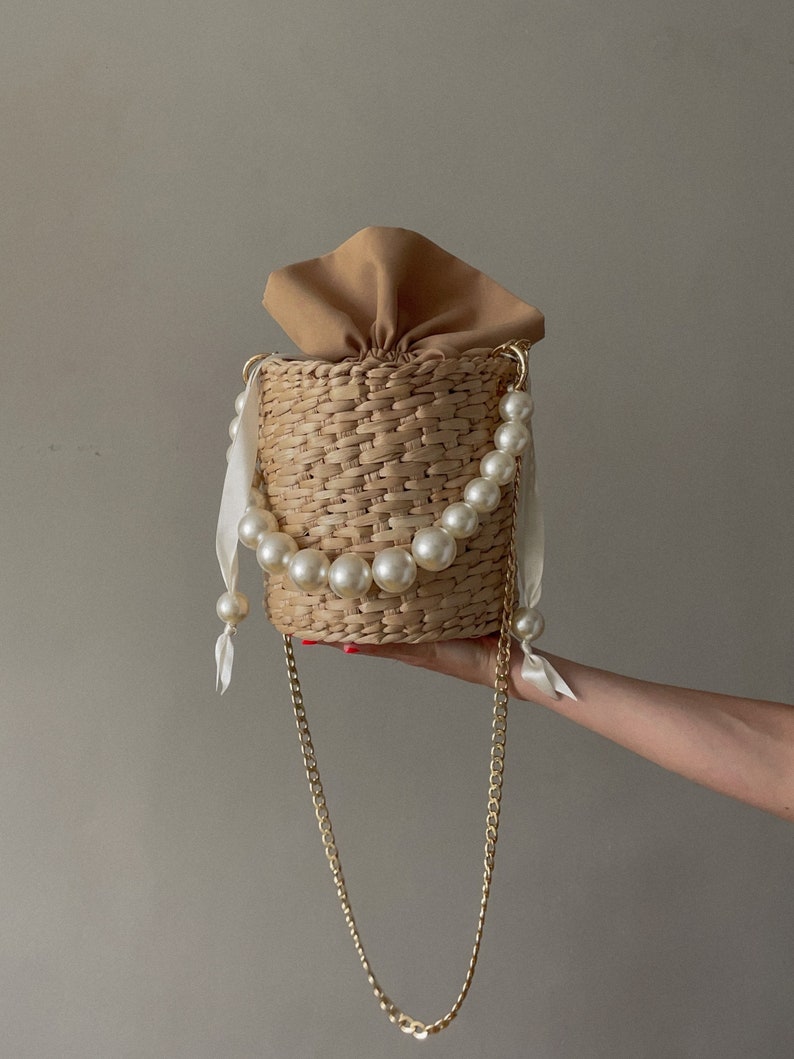 Straw Crossbody Bucket Bag Pearl Handle - Etsy