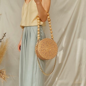 Wicker Round Straw Bag, Woven Circle Crossbody Summer Handbag with Wooden Beads image 9