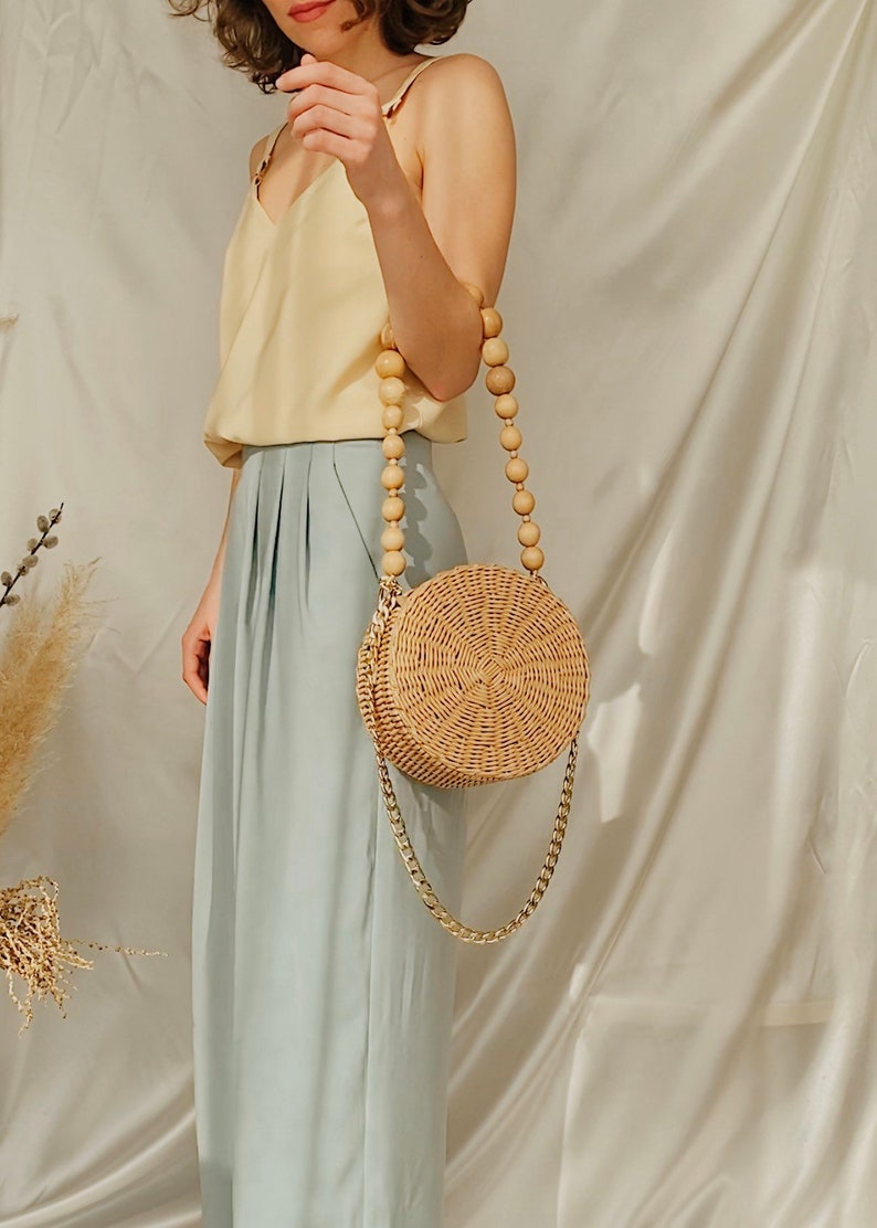 Wicker Round Straw Bag, Woven Circle Crossbody Summer Handbag with Wooden Beads image 9