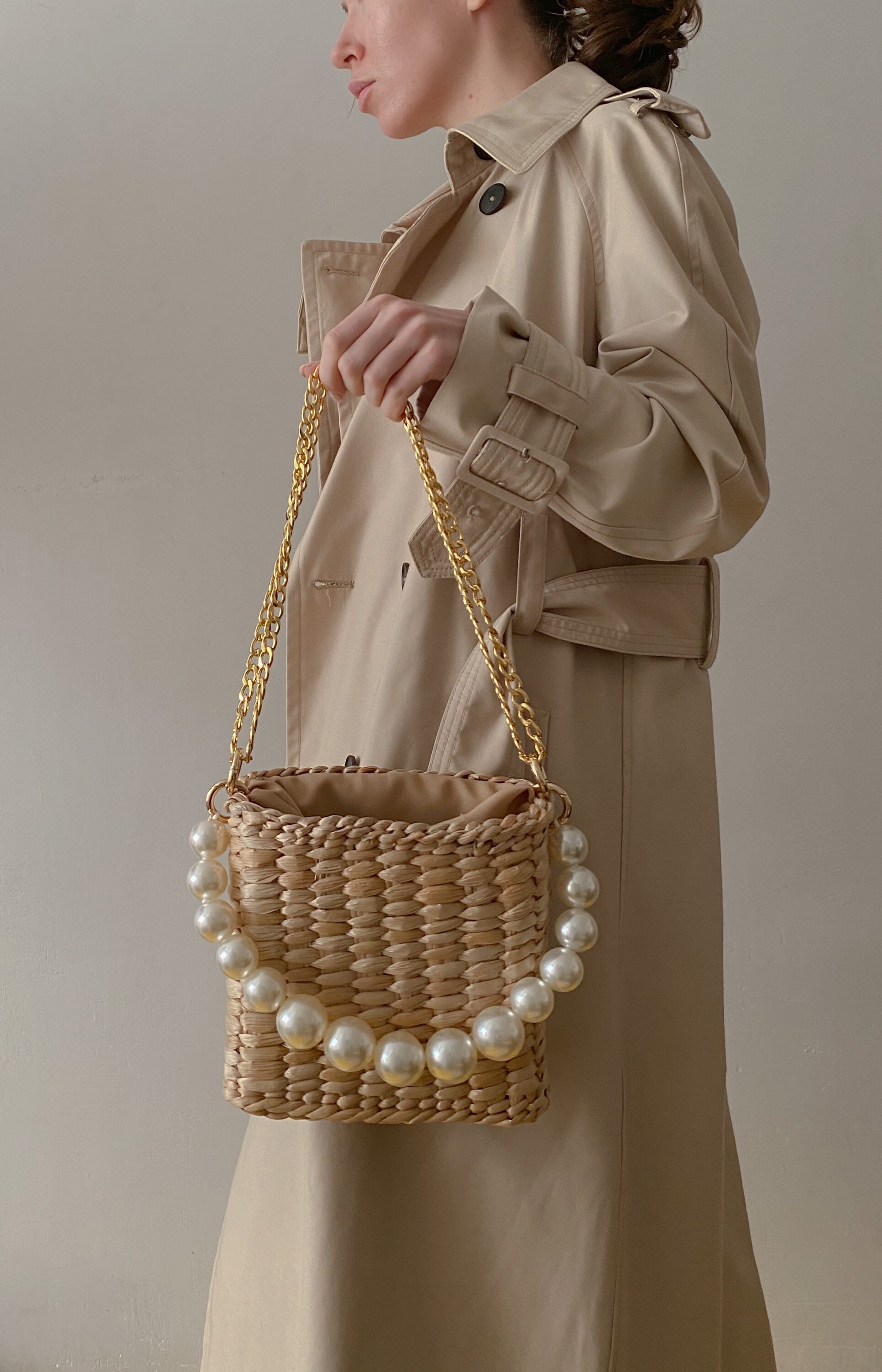 Straw Shoulder Handbag Pearls Handle Bag Etsy