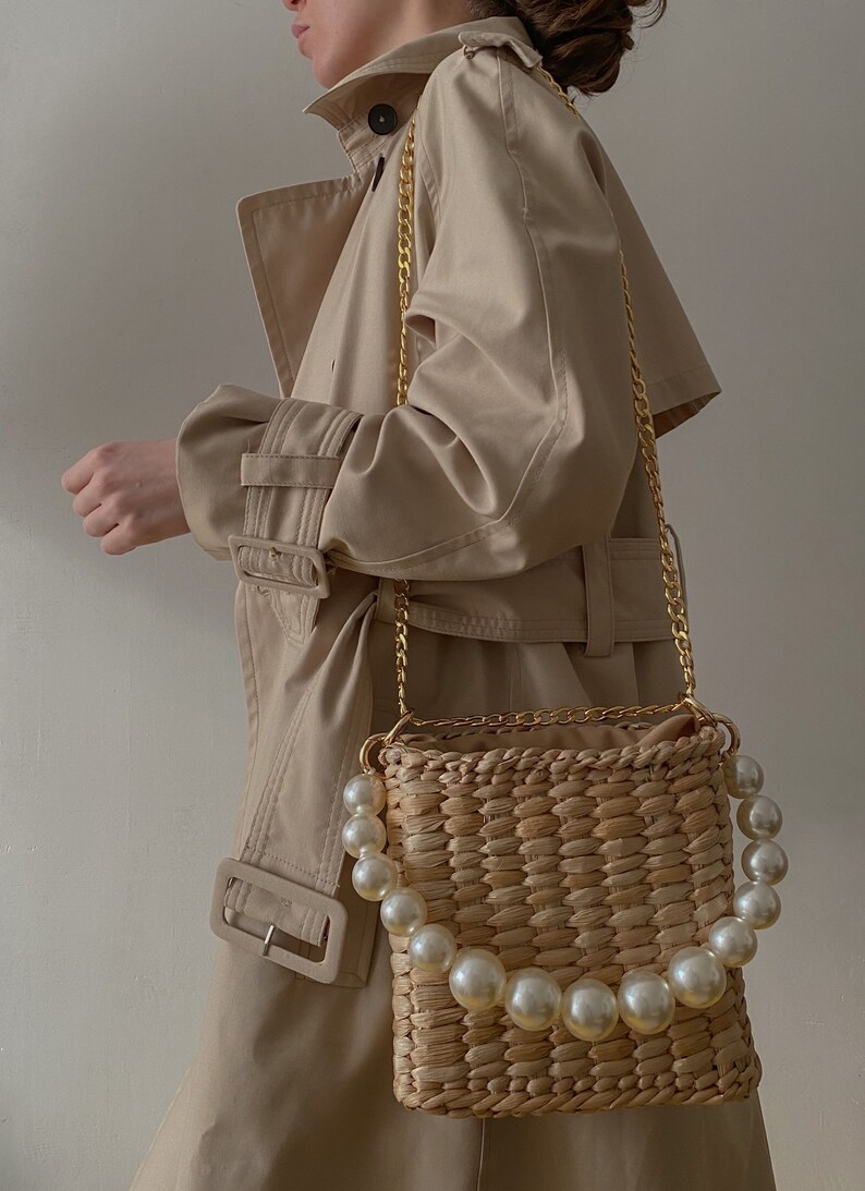 Straw Shoulder Handbag Pearls Handle Bag Etsy