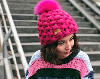 Chunky Knit Hat Fur Pom Pom, Fuchsia Bobble Knit Hat, Merino Wool Hat