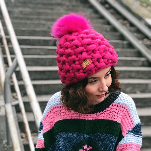 Chunky Knit Hat Fur Pom Pom, Fuchsia Bobble Knit Hat, Chapeau en laine mérinos