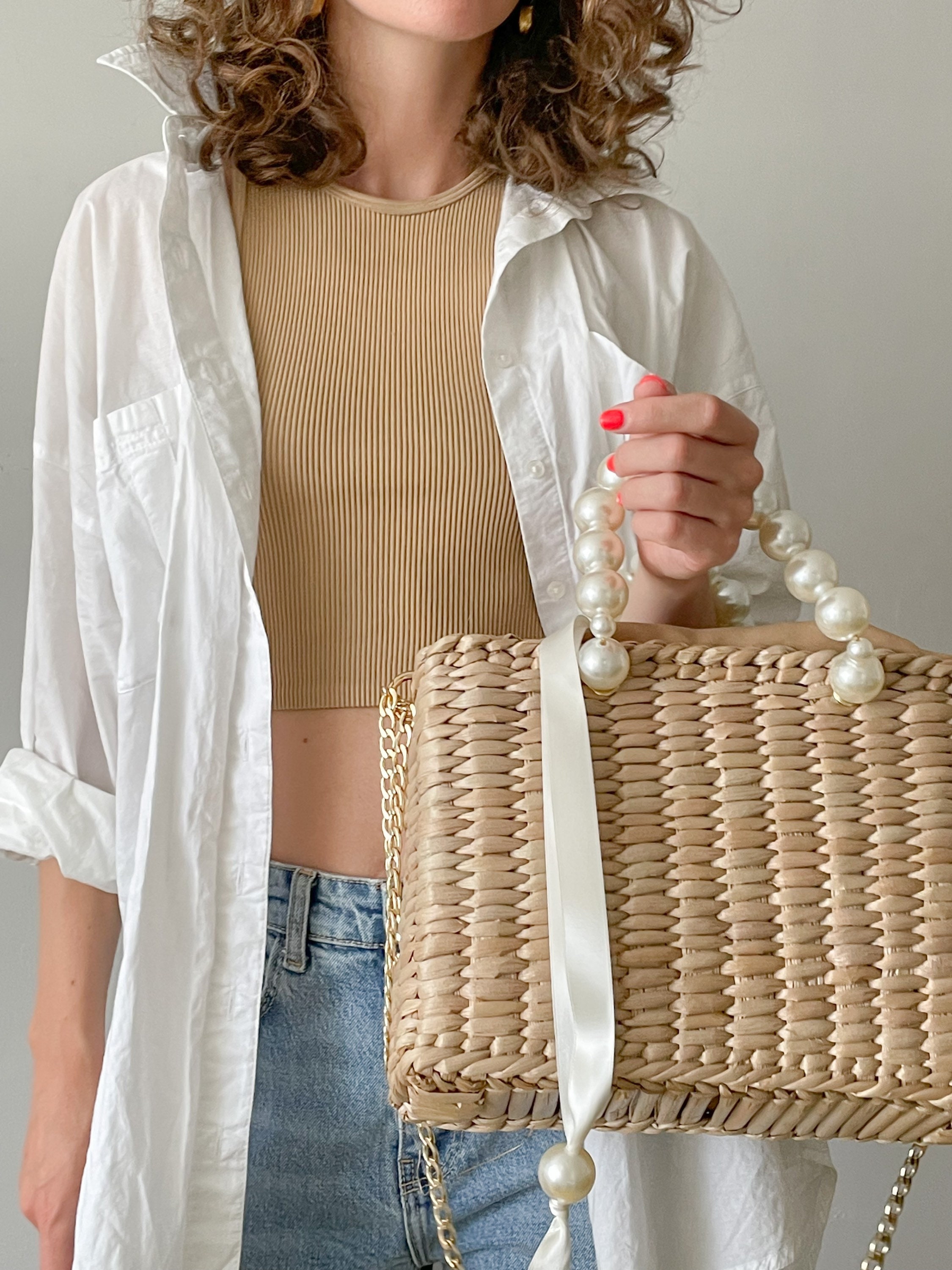 Straw Tote Handbag Beach Straw Bag Woven Bag with Pearl | Etsy