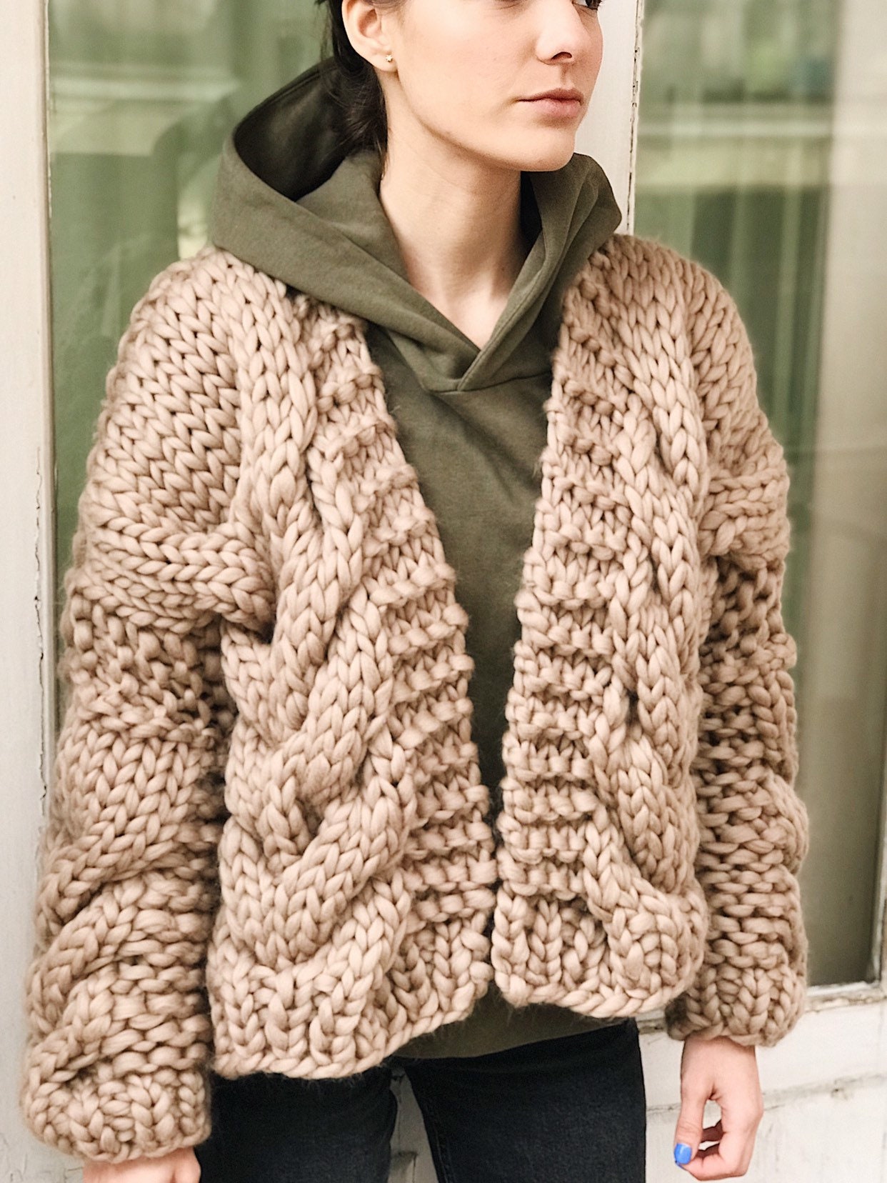 Chunky knit beige cardigan sale