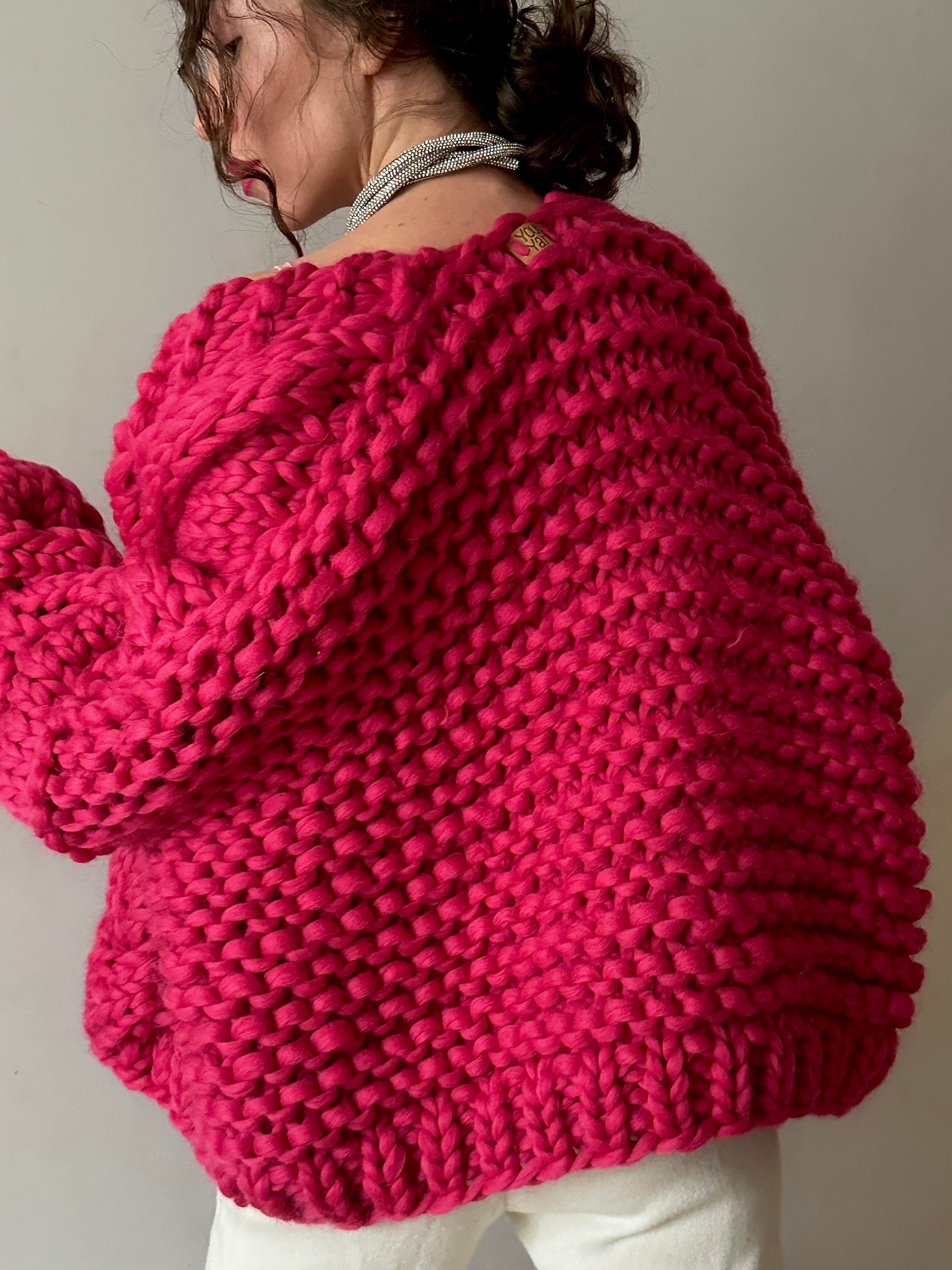 Womens Cable Knit Chunky Cardigan, Handmade Fuchsia Sweater Womens Cable Knit Chunky Cardigan, Handmade Fuchsia Sweater