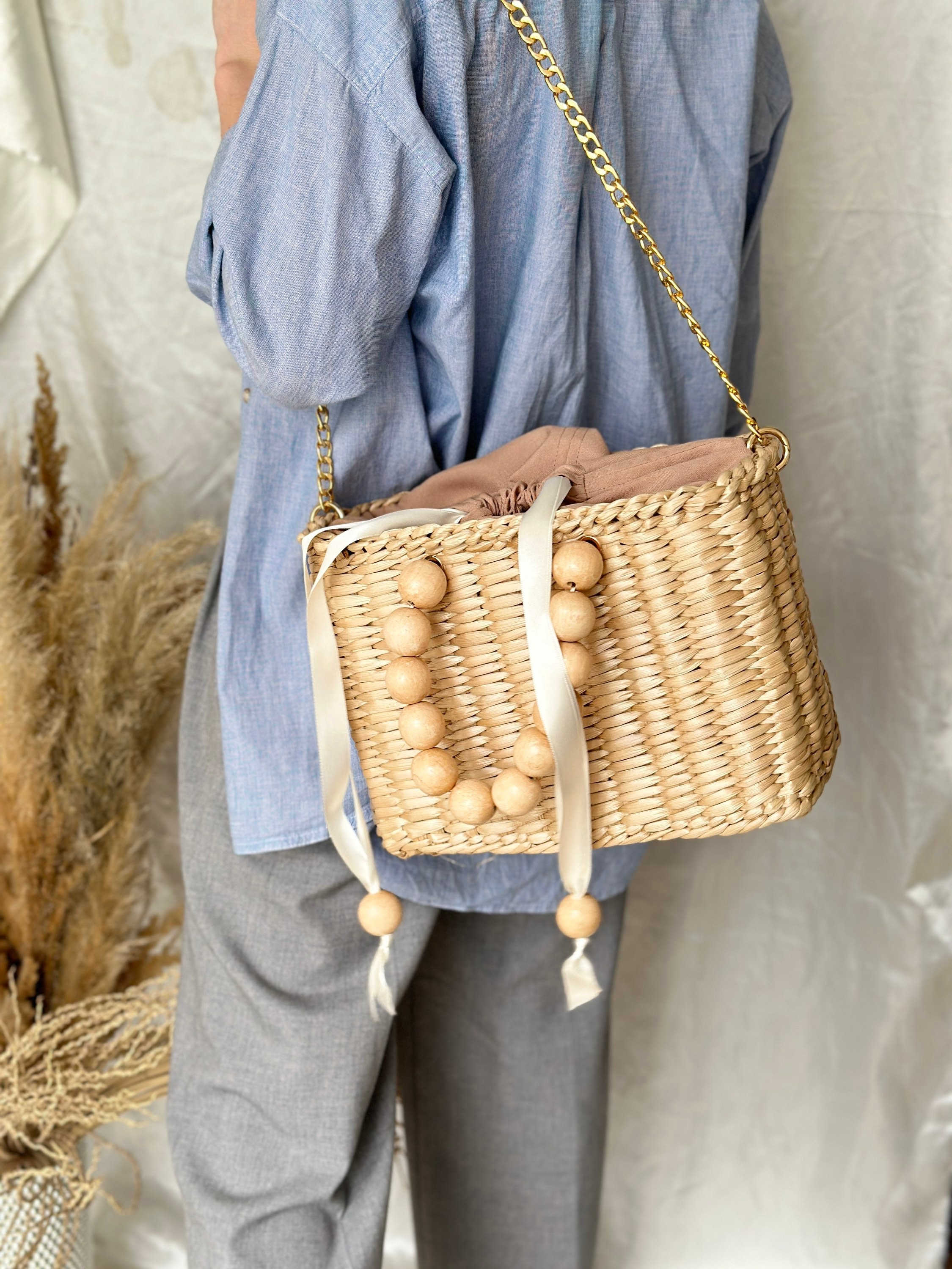 Womens Beaded Fringe Mini Basket Bag Natural
