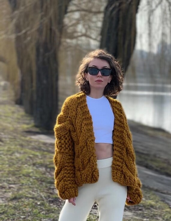 Cable Knit Cardigan Womens Chunky Oversized Cardigan Green