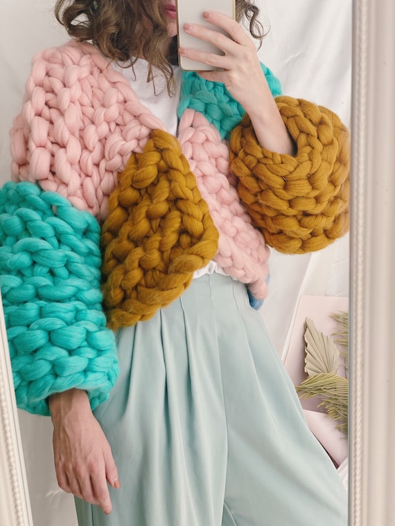 Knit Cropped Cardigan, Chunky Knit Cardigan, Oversized Wool Jacket, V-neck Knit Jacket Multicolor