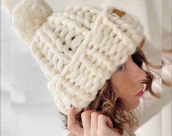 Knit Winter Hat, Chunky Beanie Pom Pom, Chunky Wool Knit Hat Women