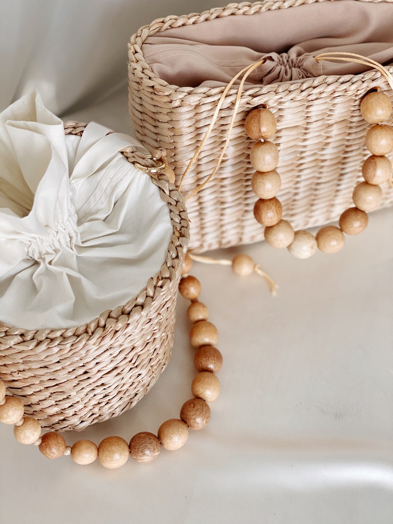 Straw Bag Bucket Bag Beaded Handle and Shoulder Chain Straw Etsy