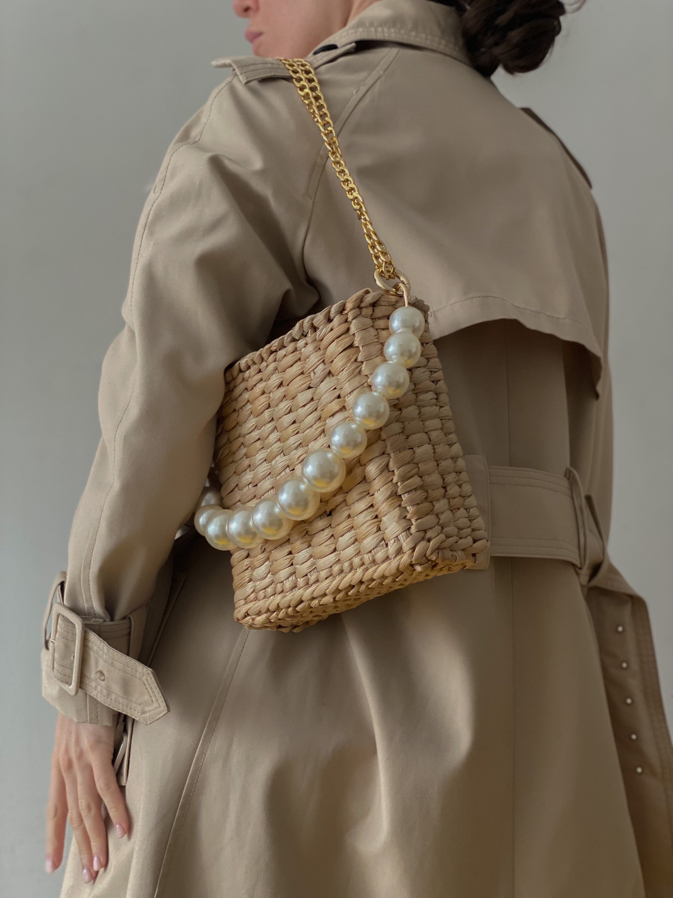 Straw Shoulder Handbag Pearls Handle Bag Etsy