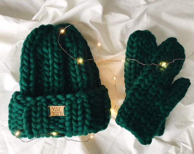 Hat and Mittens Set, Hand Knit Mittens, Chunky Knit Hat