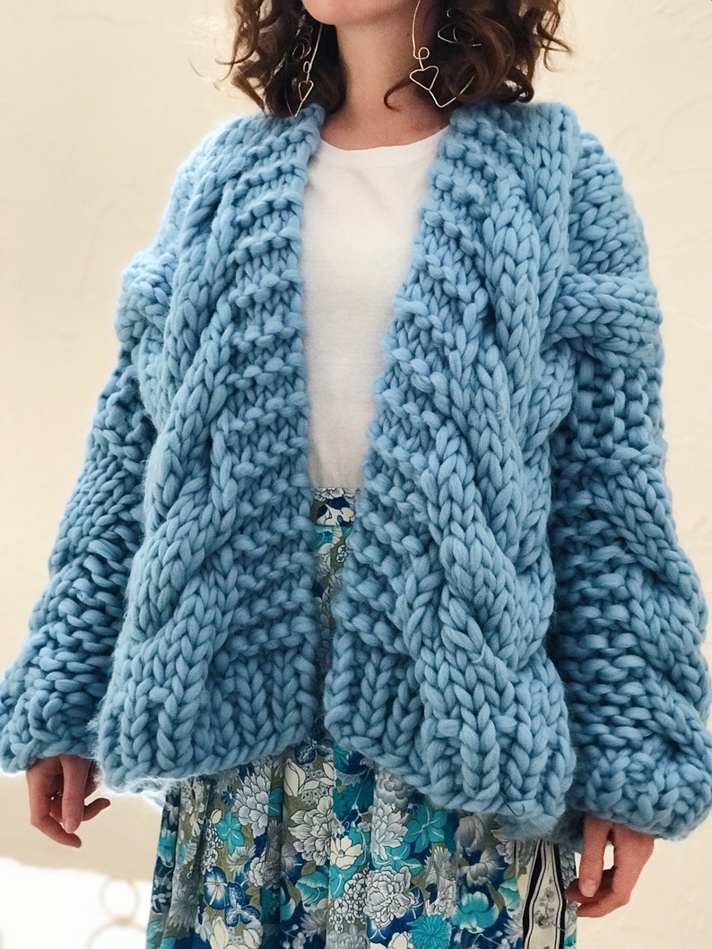 Cable Knit Oversized Chunky Cardigan Sweater Blue image 2