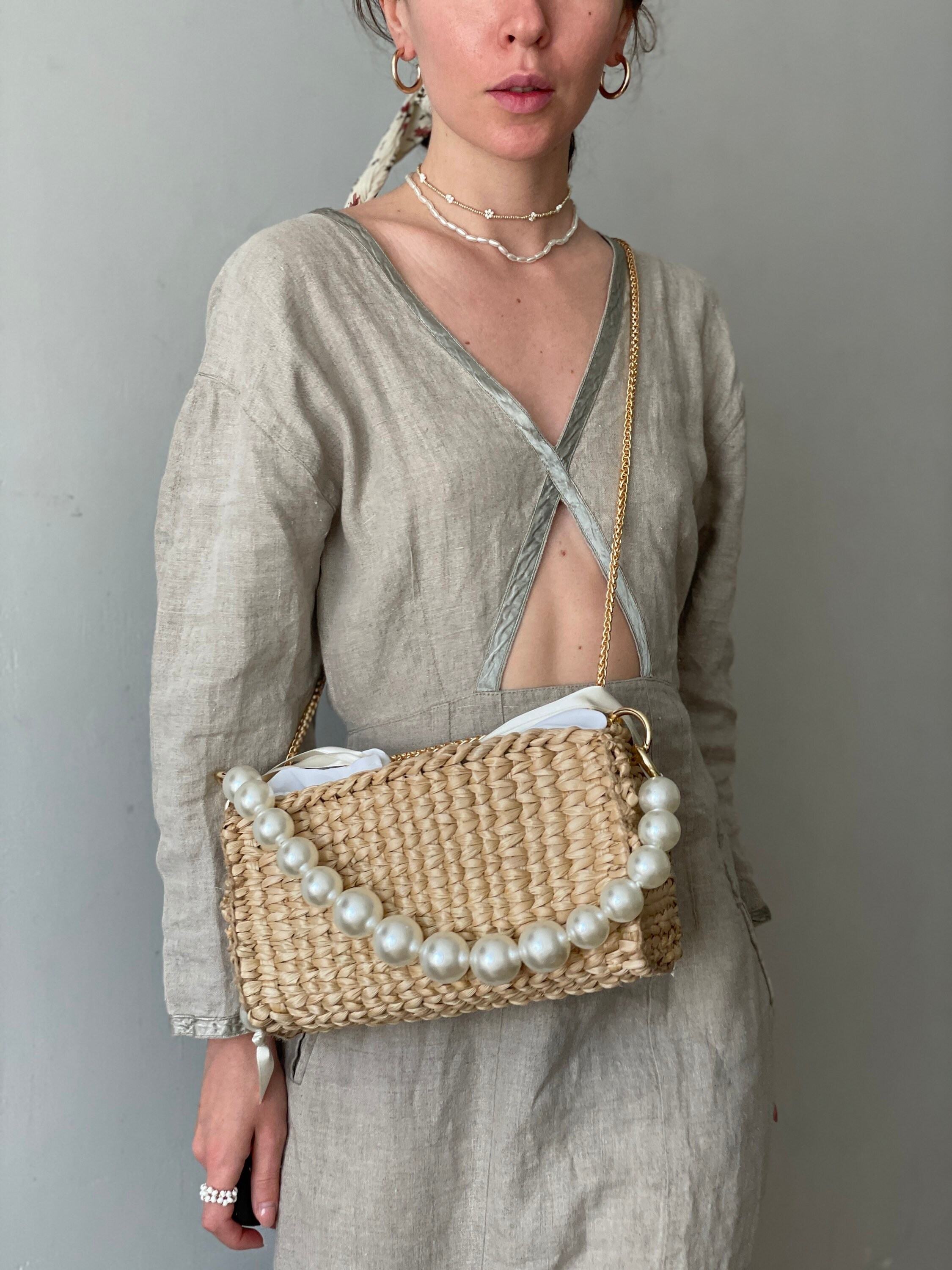 Straw Crossbody Bag Women Pearl Summer Beach Purse Elegant Boho Woven Woven Straw Crossbody Summer Bag, Wicker Purse Straw Beach  main image 3
