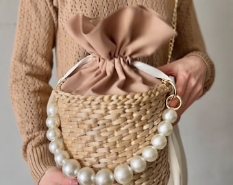 Straw Crossbody Bucket Bag Pearl Handle