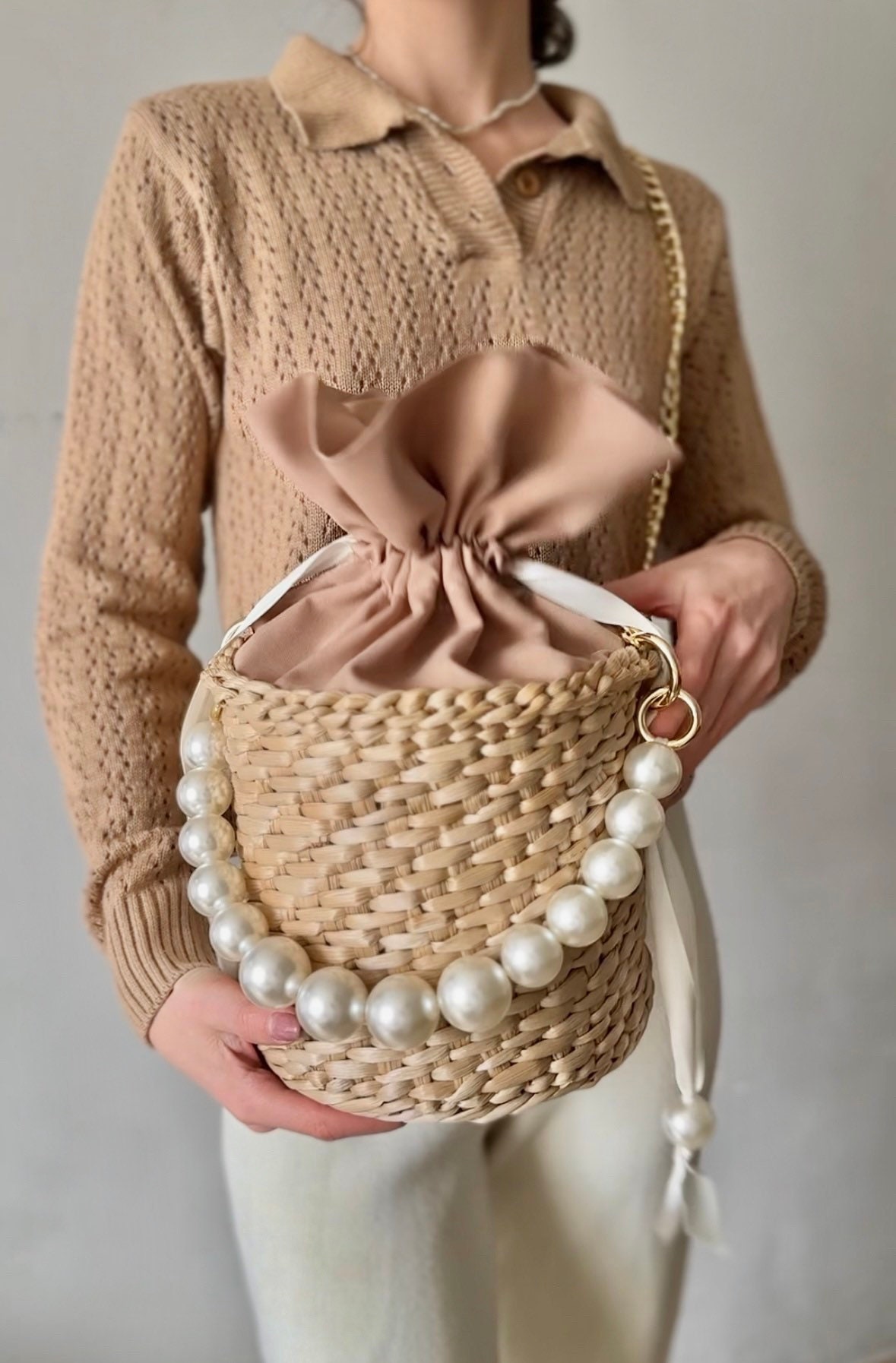 Womens Pearl Mini Bucket Bag White