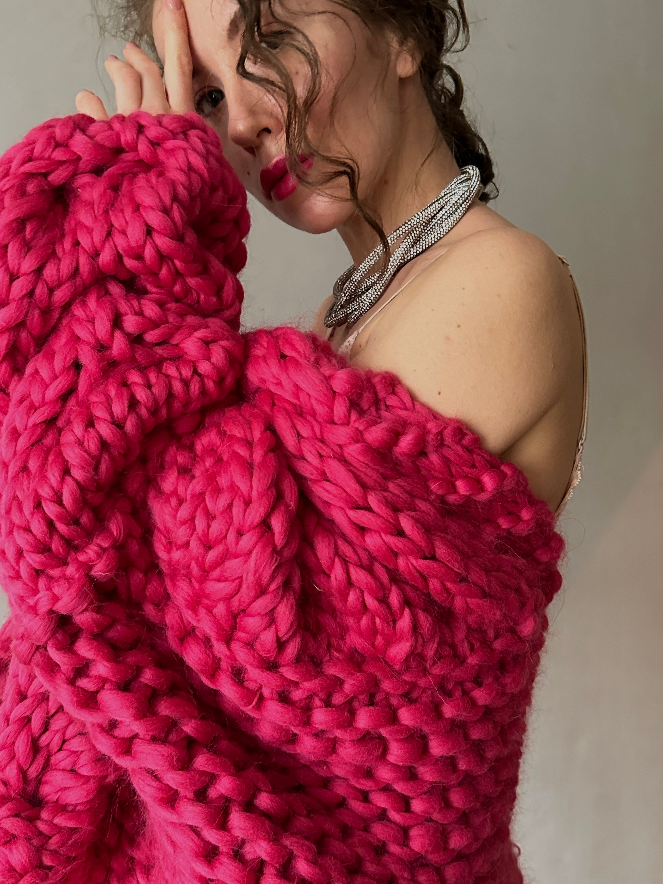 Womens Cable Knit Chunky Cardigan, Handmade Fuchsia Sweater Womens Cable Knit Chunky Cardigan, Handmade Fuchsia Sweater