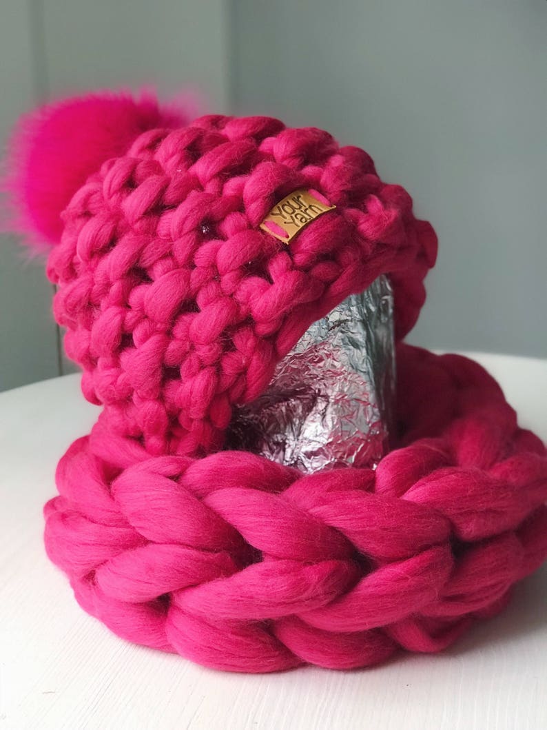 Chunky Knit Hat Fur Pom Pom Fuchsia Bobble Knit Hat Merino Etsy