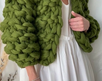 Cardigan de lã curto de malha feminina, suéter de malha grossa