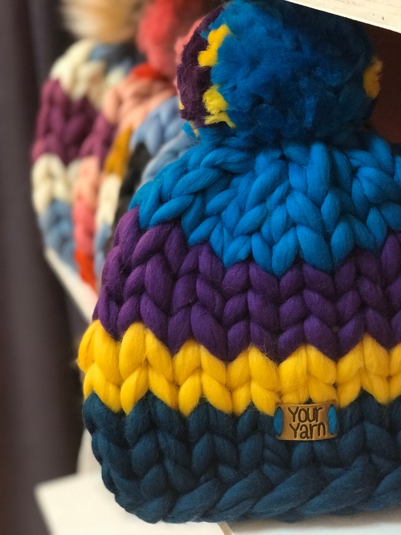 Hand Knitted Pom Pom Hat Super Chunky Hat Etsy