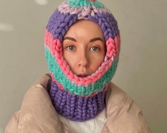 Women’s Chunky Knit Balaclava Beanie Hat Hood, Winter Cap Balaclava