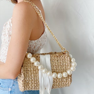 Straw Woven Handbag, Summer Shoulder Bag Pearl Top Handle image 5