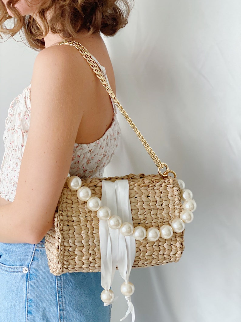 Straw Woven Handbag, Summer Shoulder Bag Pearl Top Handle image 5