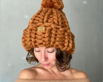 Chunky Knit Beanie with Pom Pom, Knit Hat with Pom Pom