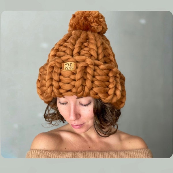 Chunky Knit Beanie with Pom Pom, Knit Hat with Pom Pom