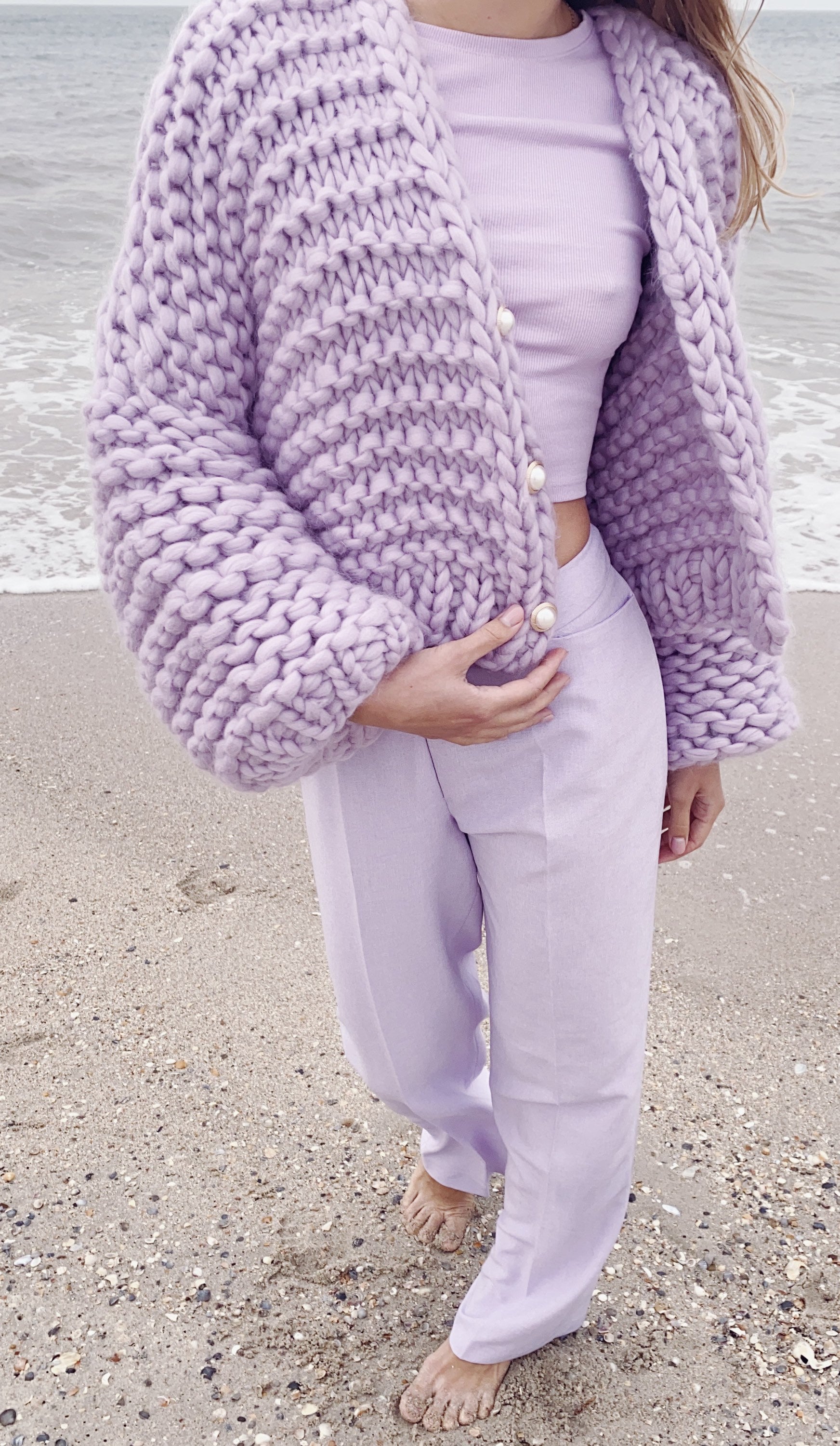 Balloon Sleeve Crop Lavender Chunky Cardigan, V-neck Chunky