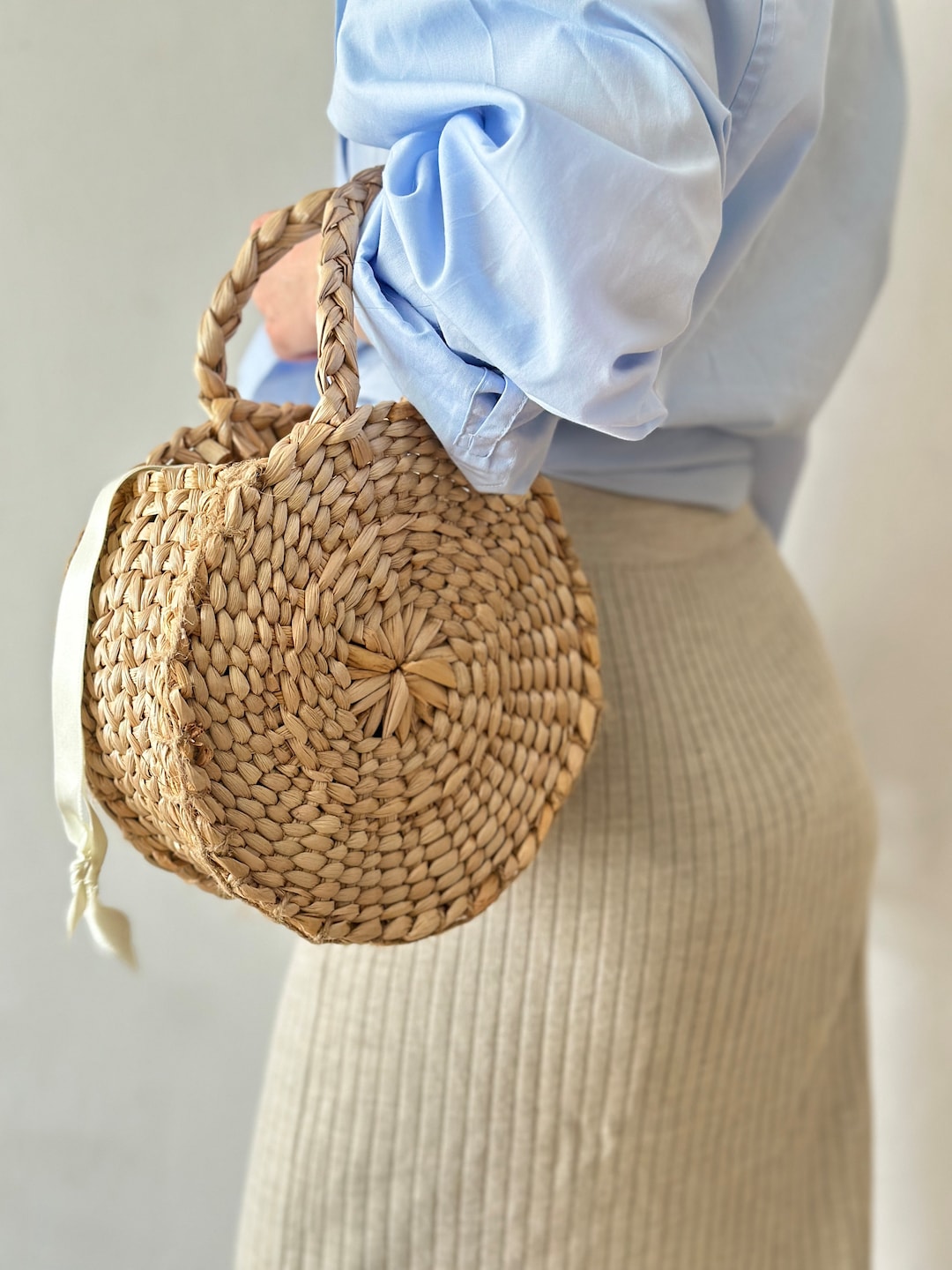 Wicker Straw Round Handbag Woven Straw Summer Handbag, Round