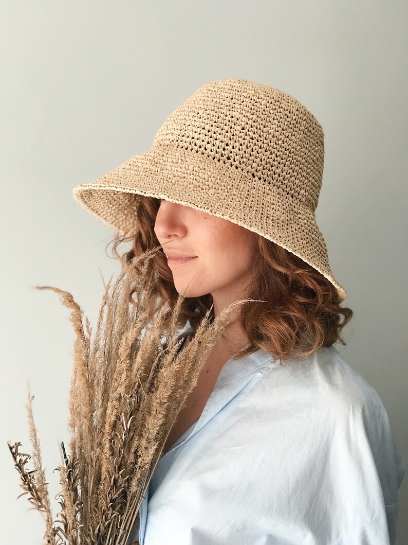 Raffia Bucket Hat Crochet Raffia Summer Hat Wide Large Brim Etsy