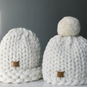 Damen-Wollstrickmütze, Helsinki-Mütze, Super-Chunky-Mütze mit Bommel, Chunky-Mütze, Strickmütze, Merinowolle