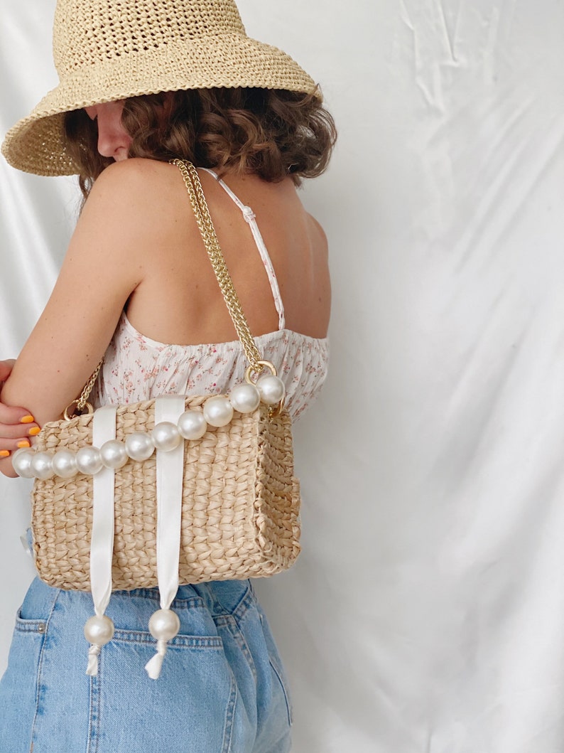 Straw Woven Handbag, Summer Shoulder Bag Pearl Top Handle image 7