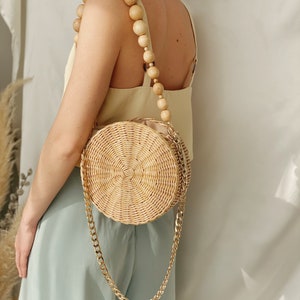 Wicker Round Straw Bag, Woven Circle Crossbody Summer Handbag with Wooden Beads image 10