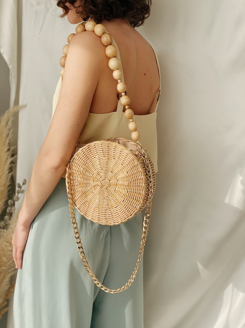 Wicker Round Straw Bag, Woven Circle Crossbody Summer Handbag with Wooden Beads image 10