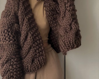Cable Knit Cardigan, Chunky Wool Crochet Cardigan