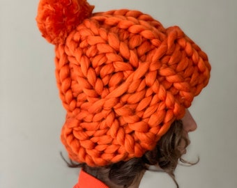 Chunky Women's Hand Knit Beanie Hat Pom