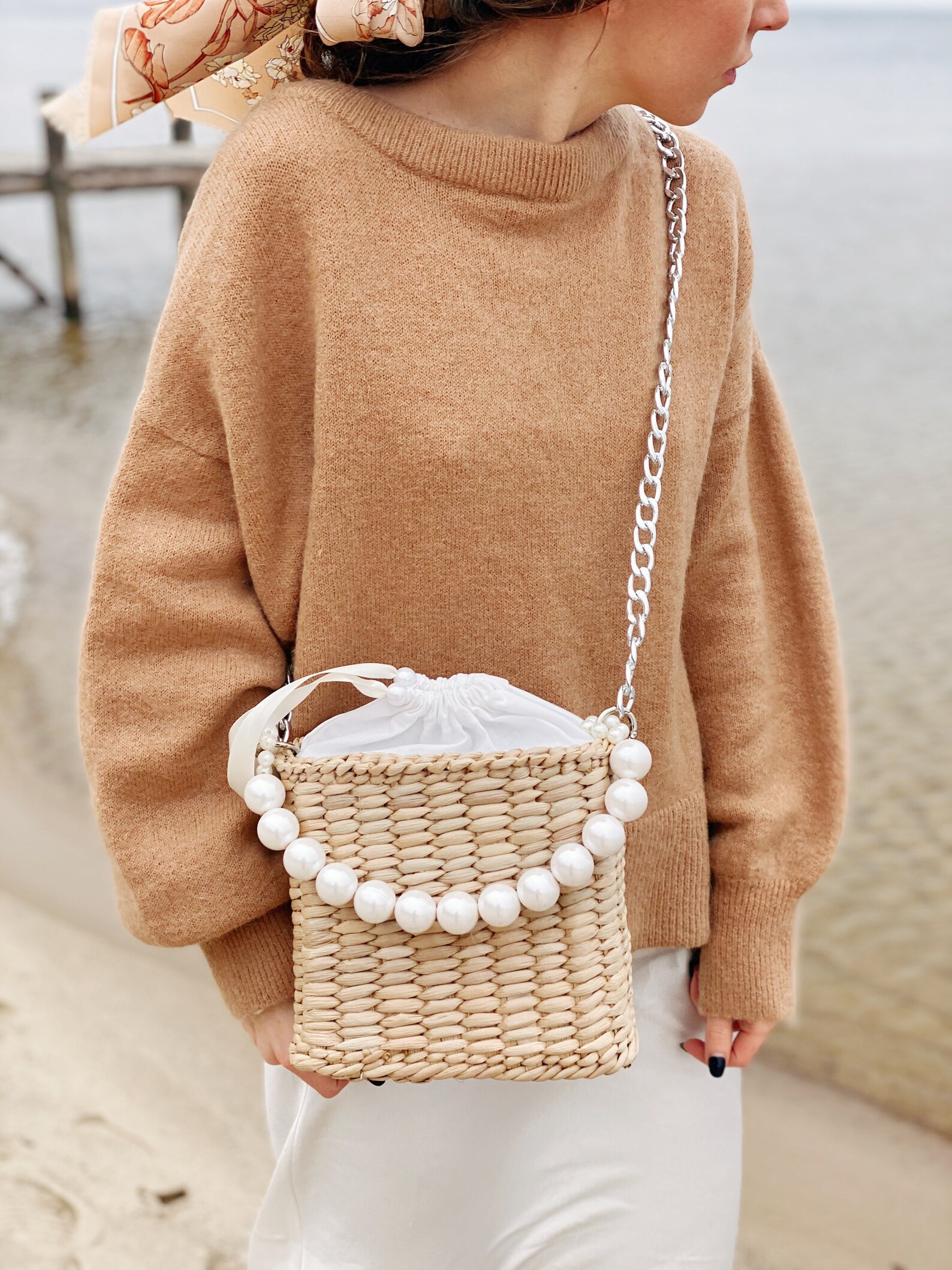 Pearl Tote Straw Bag Woven Handbag Etsy