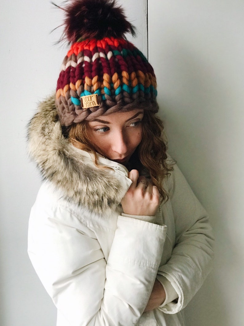 Chunky Knit Hat Pom Pom Womens Multi Color Hat Fair Isle Etsy